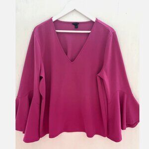ANN TAYLOR Pink V Neck Stretch Knit Bell Flounce Sleeve Top Blouse Size XL
